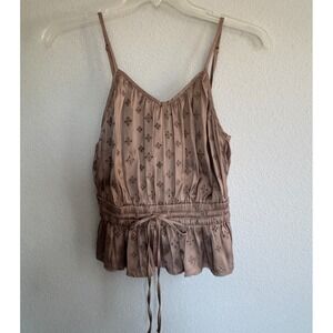 New $77 Dèluc Maze Satin V-Neck Eyelet Taupe Tie Waist Tank Top, Small